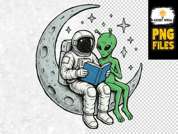 Download Astronaut and Green Alien Reading on Moo - Alien Collection